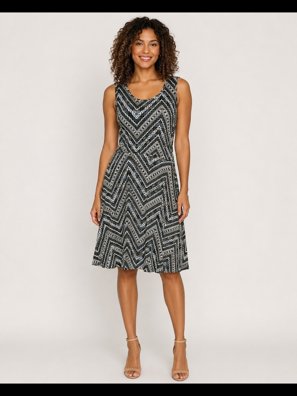 Womens Black White Sleeveless Chevron Fit & Flare Midi Dress Size S